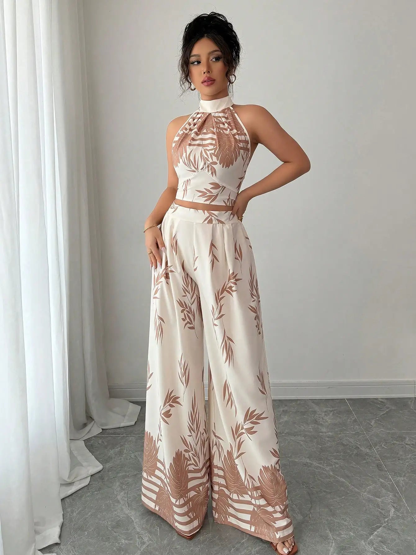 Women's Tropical Print Halter Neck Top with Wide Leg Pants Set