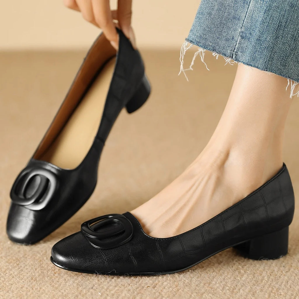 Women's sheepskin round toe metal buckle slip-on pumps 3cm thick low heel elegant ladies Ol style daily slim dress heels shoes