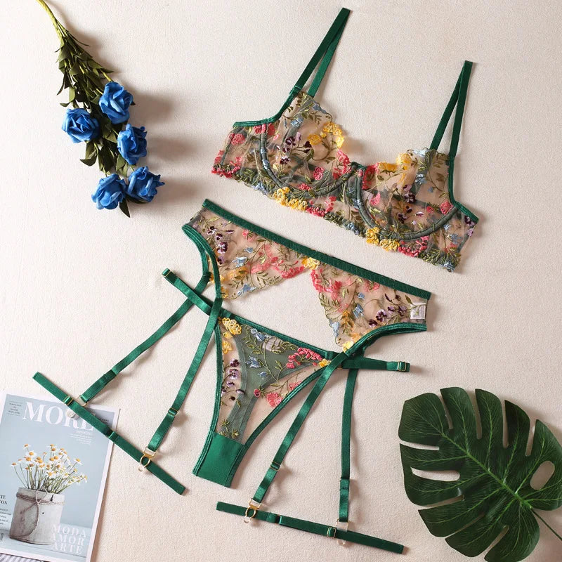 Sexy See-through Yellow Pastoral Floral Bra Garter T-Back Three-Piece Set with Leg Ring Sexy Lingerie Suit