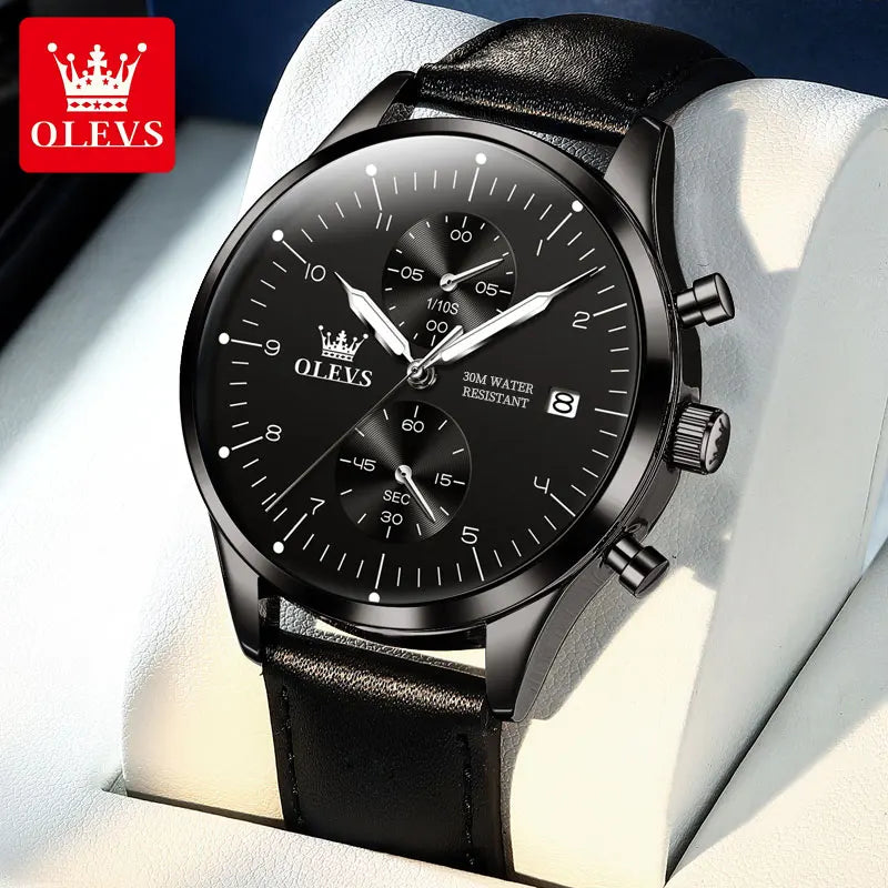 OLEVS casual fashion men's watches Chronograph 30m waterproof Leather strap quartz watch for man luminous genuine wristwatch