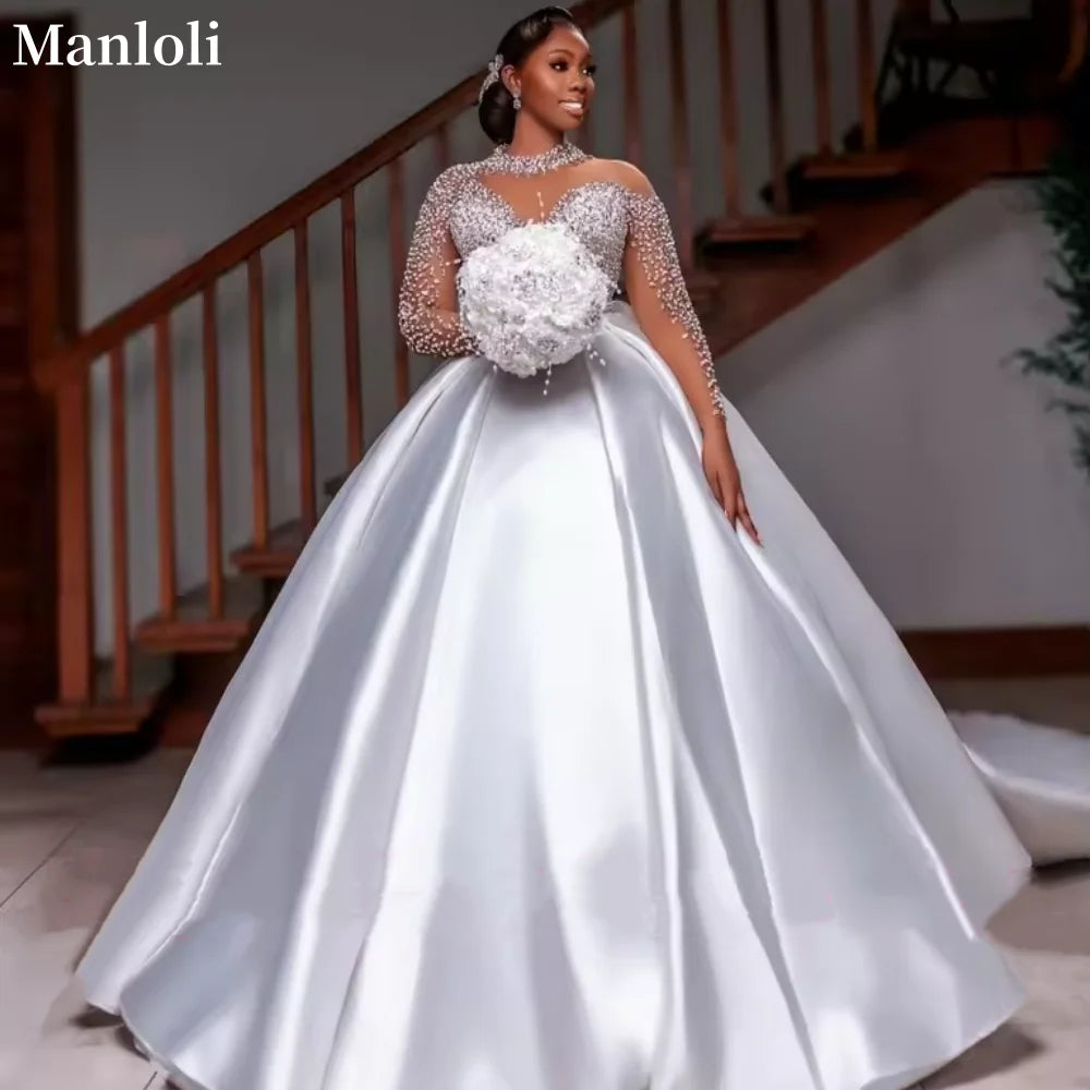 African Elegant White Satin Wedding Dress High Collar Lace Long Sleeve Bride Dress Luxury Beaded A-line Prom Customized