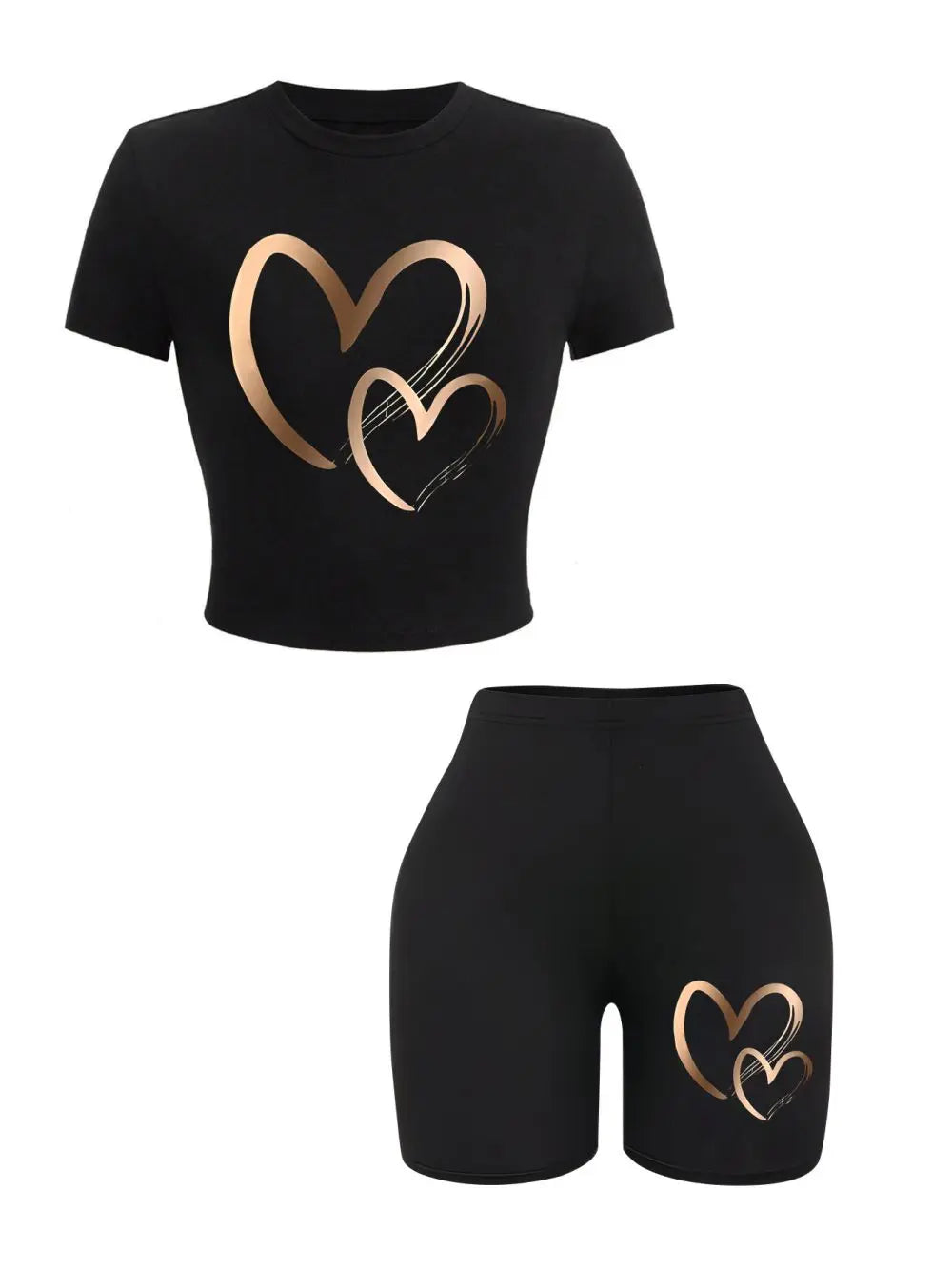 Women’s Heart Print 2-Piece Activewear Set – Slim Fit Crop Top & Soft Shorts