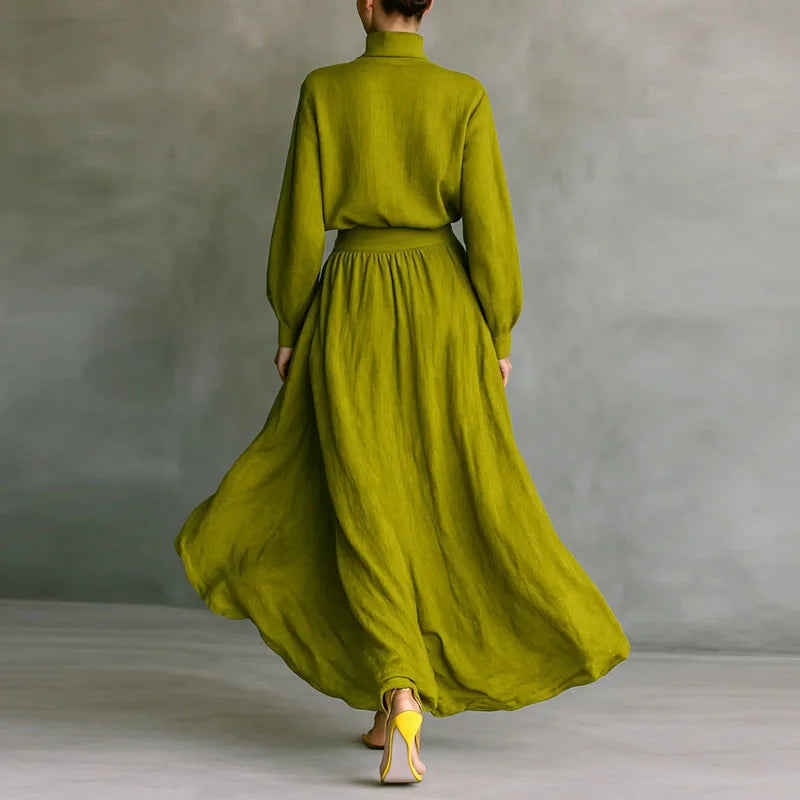 Women’s Linen Skirt Set – Batwing Sleeve Top & Pleated Maxi Skirt