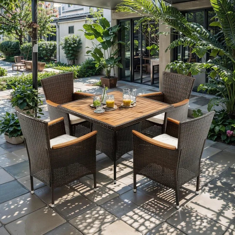5 Piece Patio Wicker Dining Sets For 4, Water-Resistant Rattan Outdoor Dining Table And 4 Chairs With Wood Table Top