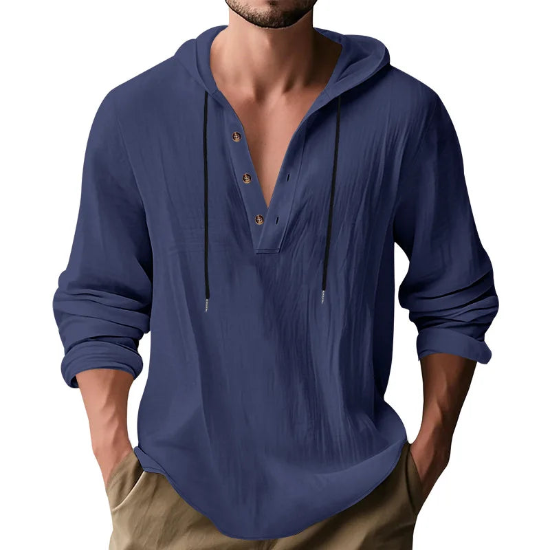 Men's Long Sleeve Tops Drawstring Hoodies Casual Cotton Linen Solid Color Casual Shirts Loose Pullover Sweatshirts Coat Outwear