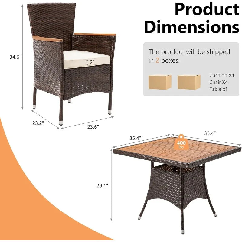5 Piece Patio Wicker Dining Sets For 4, Water-Resistant Rattan Outdoor Dining Table And 4 Chairs With Wood Table Top