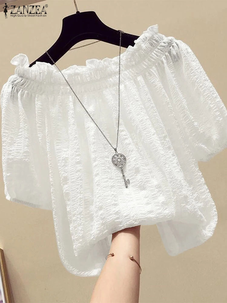 ZANZEA Women Blouse Summer Tops Solid Color Puff Sleeve2025 O Neck Tunic Female Shirts Loose Casual OL Work Blusas Oversized