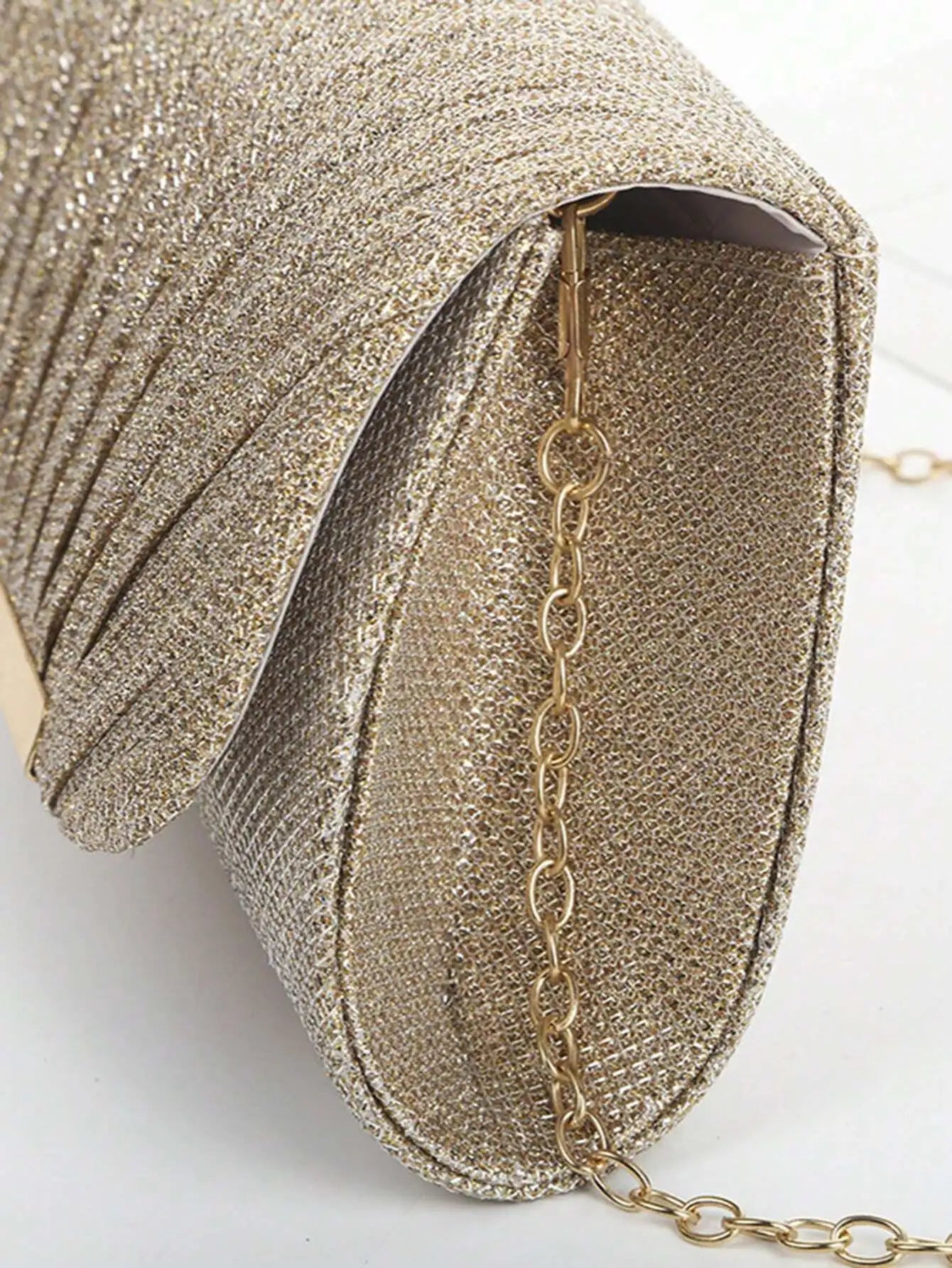 Gold Pleated Glitter Clutch Bag with Metal Frame for Evening Events