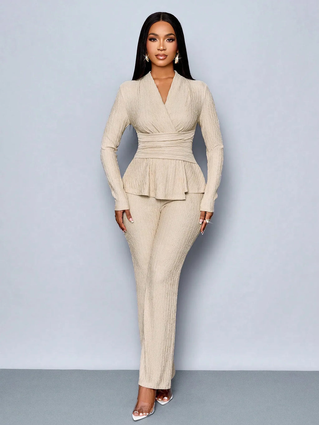 Women's V-neck Peplum Top & Wide Leg Pants Set