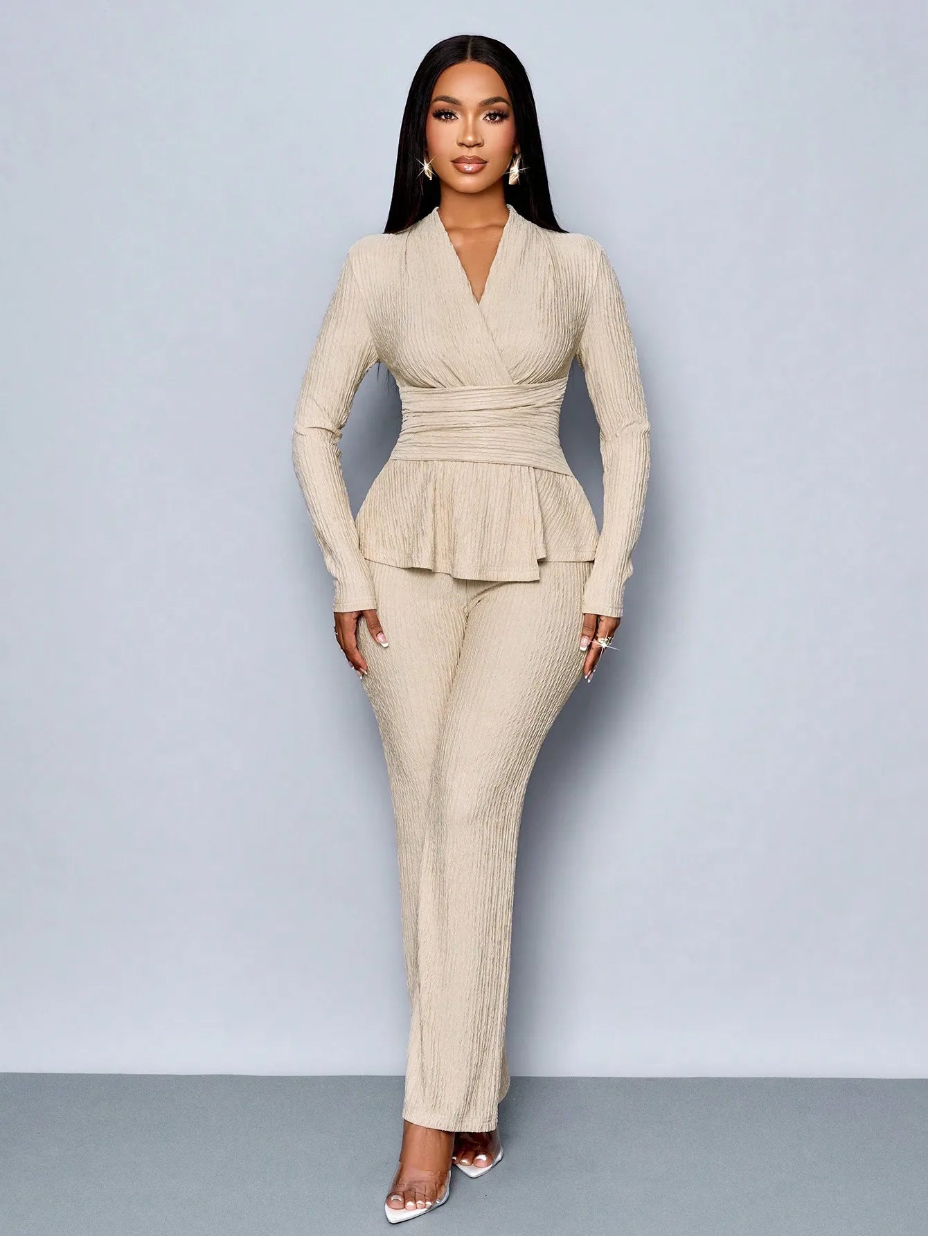 Women's V-neck Peplum Top & Wide Leg Pants Set